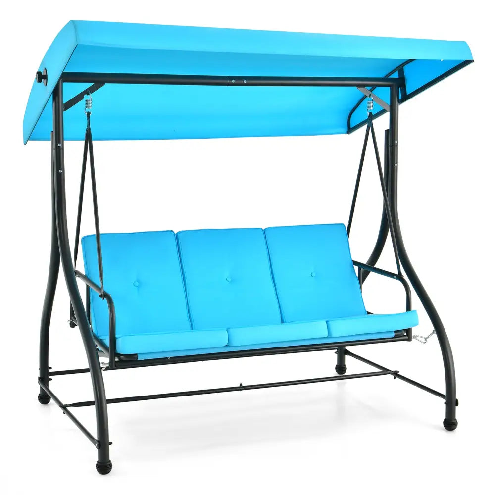 3 Seat Outdoor Porch Swing with Adjustable Canopy-Blue - Blue - Porch Swings