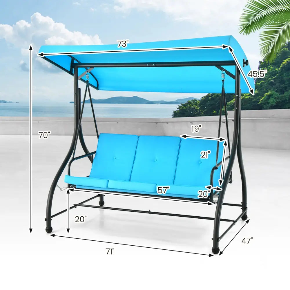 3 Seat Outdoor Porch Swing with Adjustable Canopy-Blue - Blue - Porch Swings