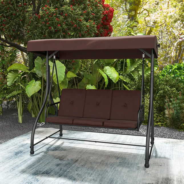 3 Seat Outdoor Porch Swing with Adjustable Canopy-Coffee - Coffee - Porch Swings