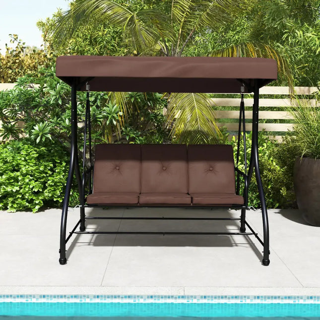 3 Seat Outdoor Porch Swing with Adjustable Canopy-Coffee - Coffee - Porch Swings