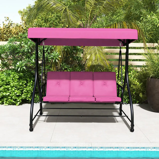 3 Seat Outdoor Porch Swing with Adjustable Canopy-Wine - Rose Red - Porch Swings