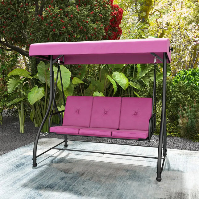 3 Seat Outdoor Porch Swing with Adjustable Canopy-Wine - Rose Red - Porch Swings