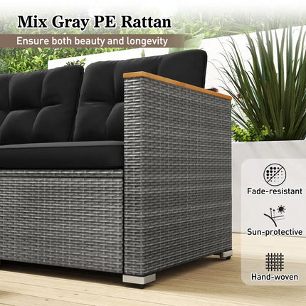 3-Seat Patio Couch Sofa PE Rattan Loveseat Furniture Set with Deep Seating and Cushion-Mix Grey - Black - Outdoor