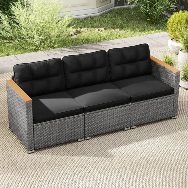 3-Seat Patio Couch Sofa PE Rattan Loveseat Furniture Set with Deep Seating and Cushion-Mix Grey - Black - Outdoor