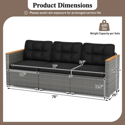 3-Seat Patio Couch Sofa PE Rattan Loveseat Furniture Set with Deep Seating and Cushion-Mix Grey - Black - Outdoor