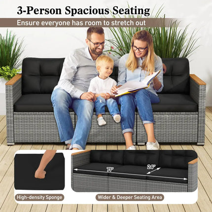 3-Seat Patio Couch Sofa PE Rattan Loveseat Furniture Set with Deep Seating and Cushion-Mix Grey - Black - Outdoor
