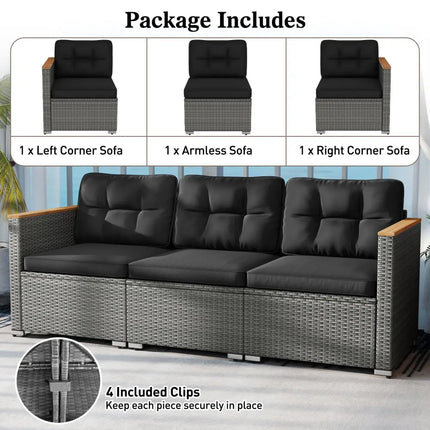 3-Seat Patio Couch Sofa PE Rattan Loveseat Furniture Set with Deep Seating and Cushion-Mix Grey - Black - Outdoor
