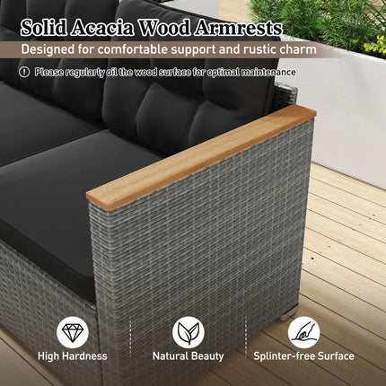 3-Seat Patio Couch Sofa PE Rattan Loveseat Furniture Set with Deep Seating and Cushion-Mix Grey - Black - Outdoor