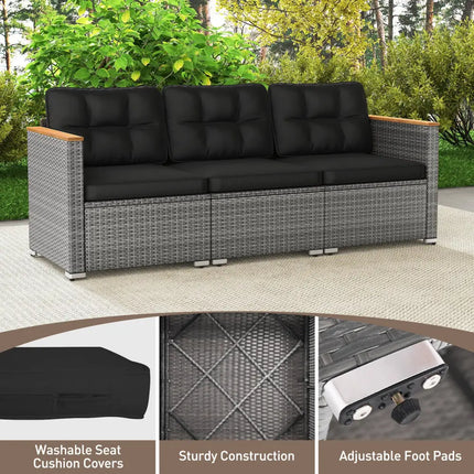 3-Seat Patio Couch Sofa PE Rattan Loveseat Furniture Set with Deep Seating and Cushion-Mix Grey - Black - Outdoor