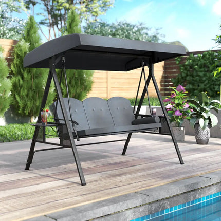 3-Seat Patio Swing Chair Porch Swing with Adjustable Canopy Thickened Cushions Pillow and Foldable Side Trays-Grey