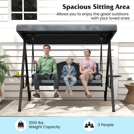 3-Seat Patio Swing Chair Porch Swing with Adjustable Canopy Thickened Cushions Pillow and Foldable Side Trays-Grey