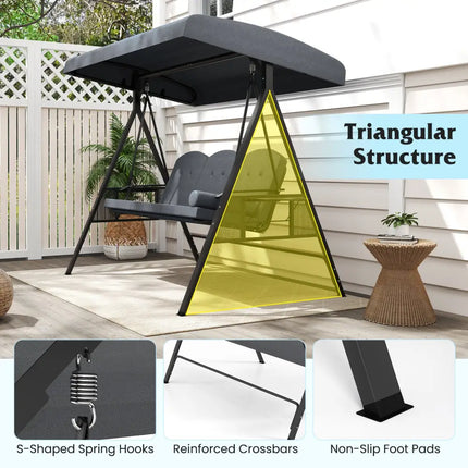 3-Seat Patio Swing Chair Porch Swing with Adjustable Canopy Thickened Cushions Pillow and Foldable Side Trays-Grey