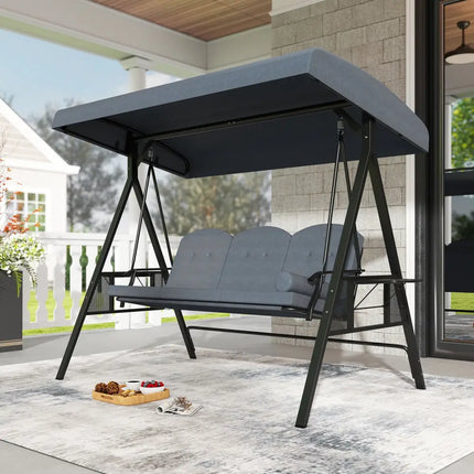 3-Seat Patio Swing Chair Porch Swing with Adjustable Canopy Thickened Cushions Pillow and Foldable Side Trays-Grey