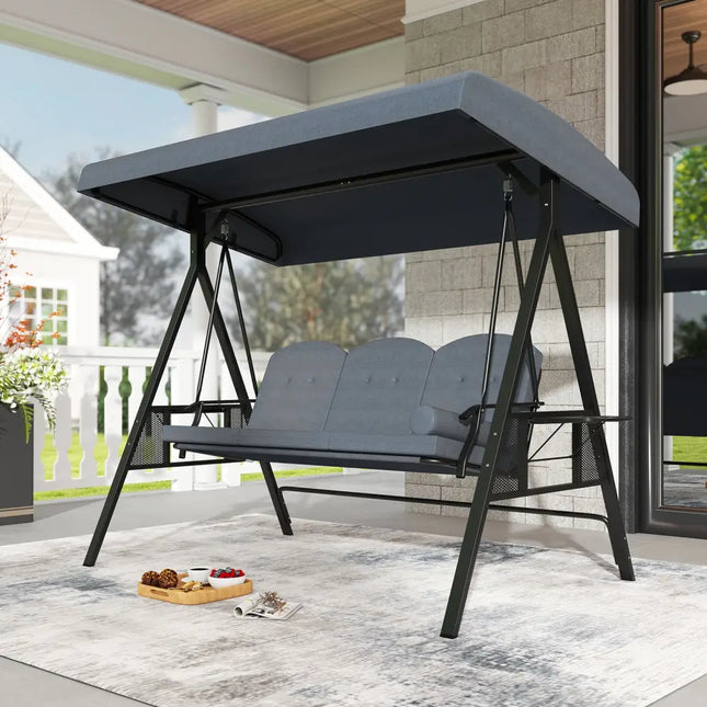 3-Seat Patio Swing Chair Porch Swing with Adjustable Canopy Thickened Cushions Pillow and Foldable Side Trays-Grey