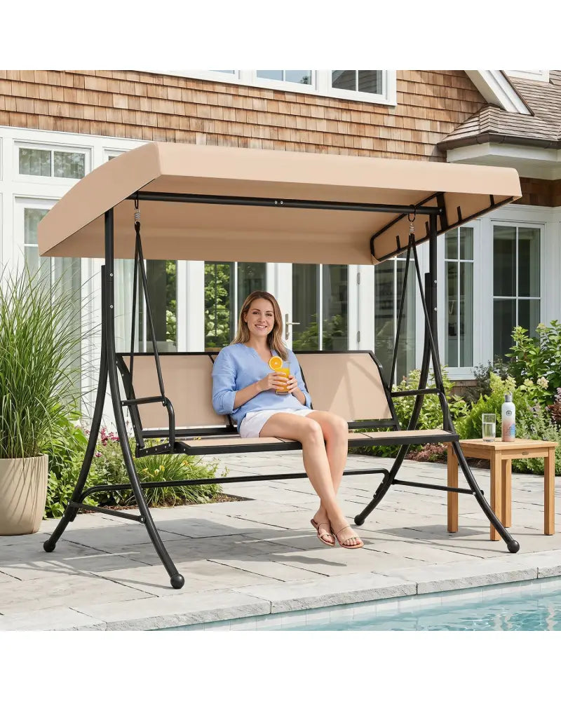 3-Seat Patio Swing Chair with Adjustable Canopy -Beige - Beige - Porch Swings