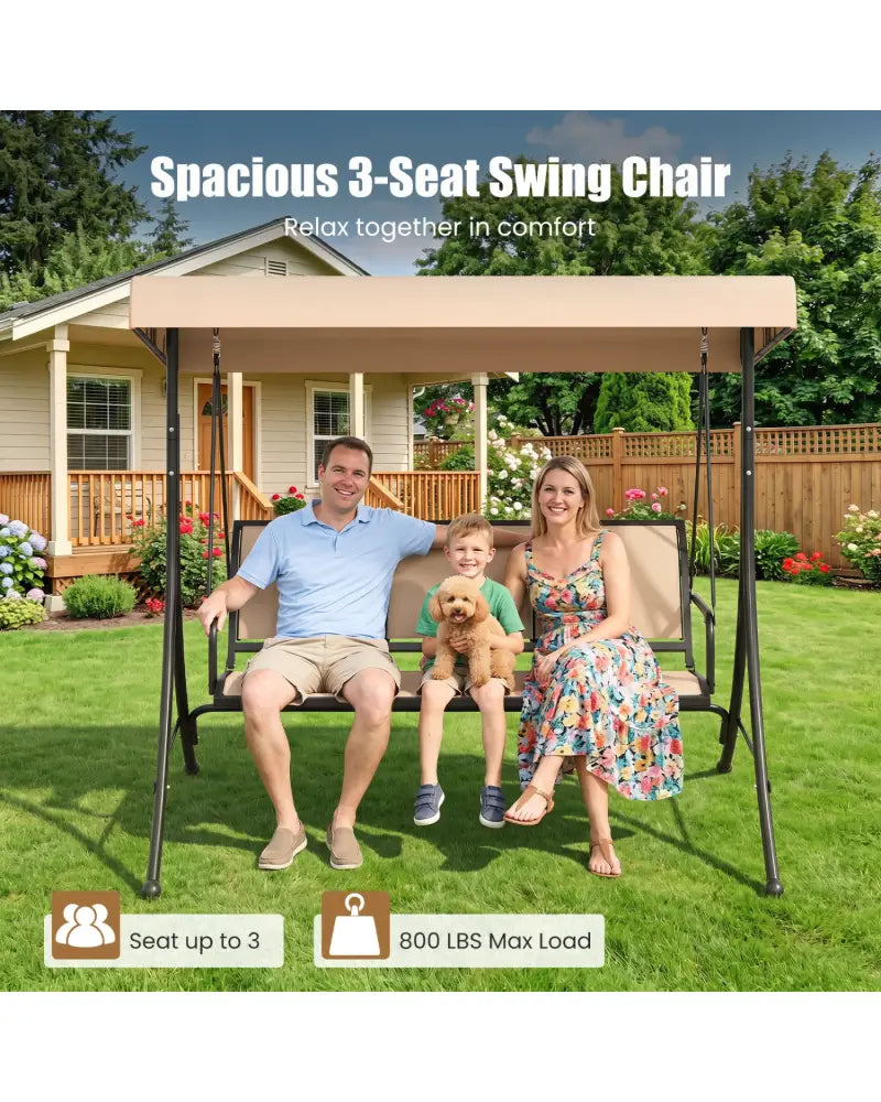 3-Seat Patio Swing Chair with Adjustable Canopy -Beige - Beige - Porch Swings