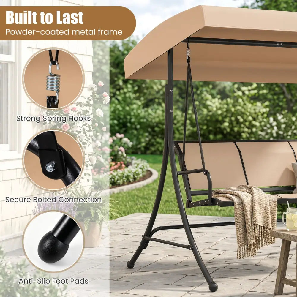 3-Seat Patio Swing Chair with Adjustable Canopy -Beige - Beige - Porch Swings
