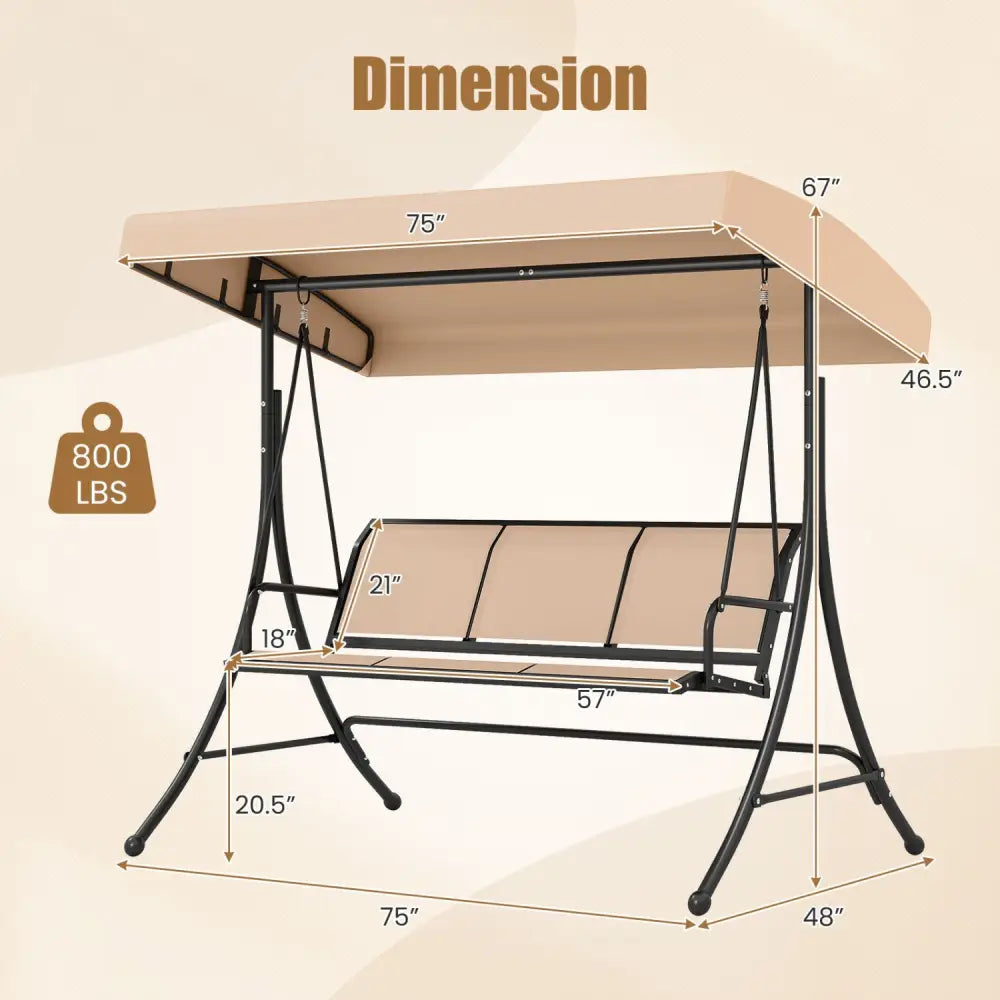 3-Seat Patio Swing Chair with Adjustable Canopy -Beige - Beige - Porch Swings
