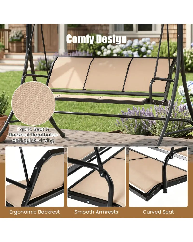 3-Seat Patio Swing Chair with Adjustable Canopy -Beige - Beige - Porch Swings