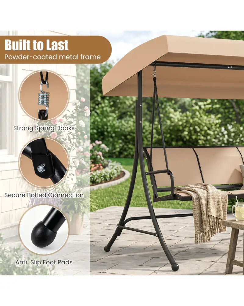 3-Seat Patio Swing Chair with Adjustable Canopy -Beige - Beige - Porch Swings
