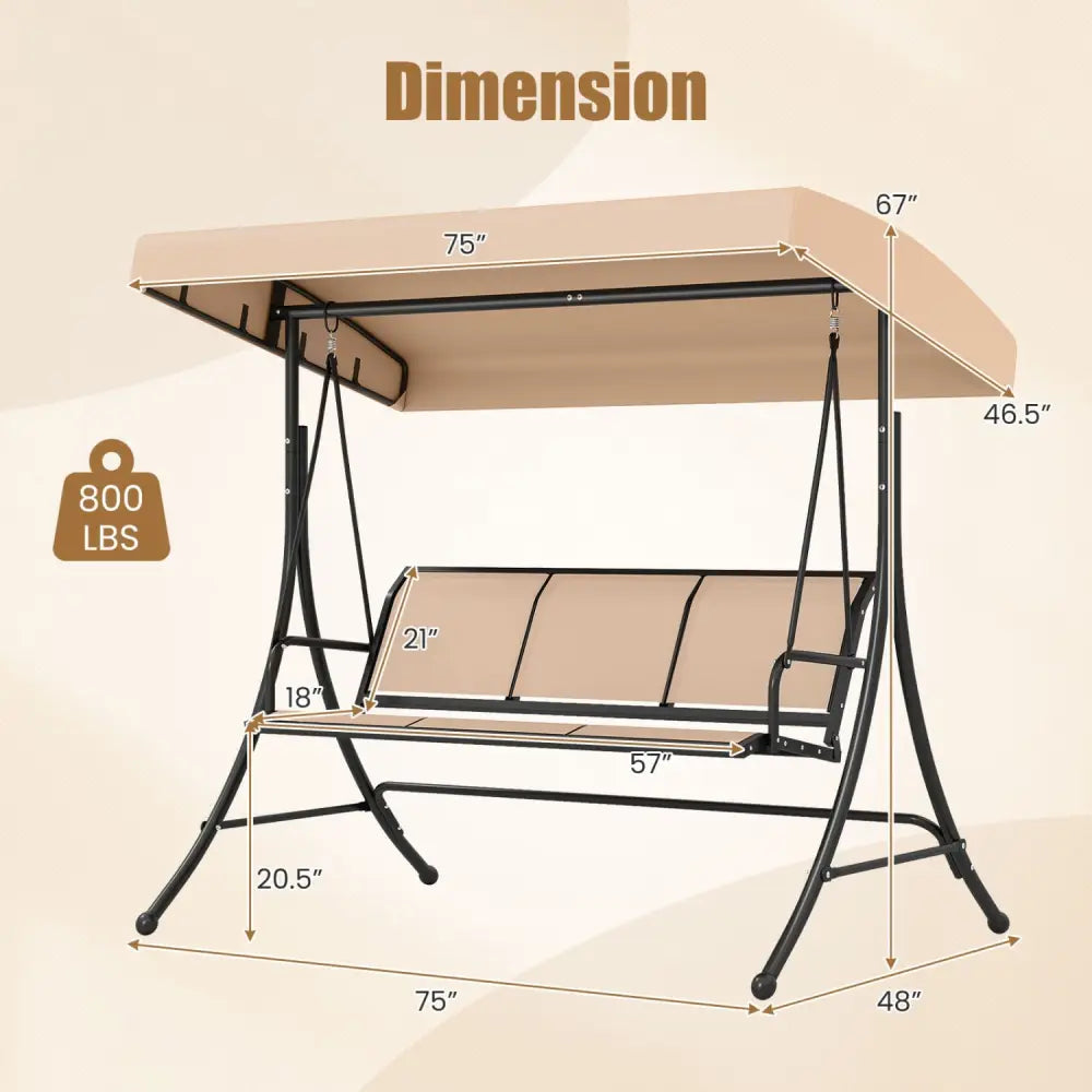3-Seat Patio Swing Chair with Adjustable Canopy -Black - Black - Porch Swings