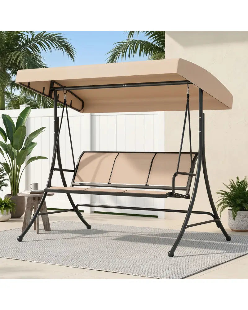 3-Seat Patio Swing Chair with Adjustable Canopy -Black - Black - Porch Swings