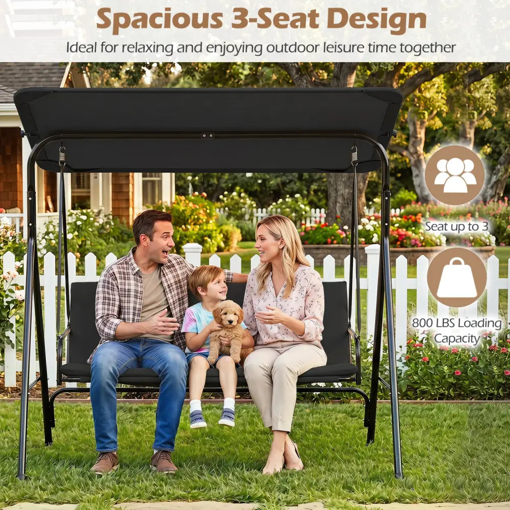 3-Seat Patio Swing Chair with Adjustable Canopy & Removable Cushion-Black - Black - Porch Swings