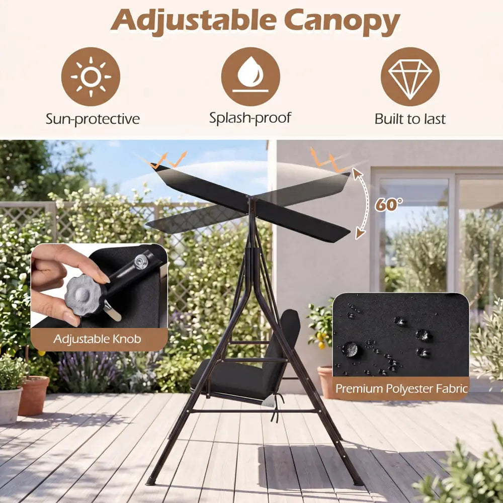 3-Seat Patio Swing Chair with Adjustable Canopy & Removable Cushion-Black - Black - Porch Swings