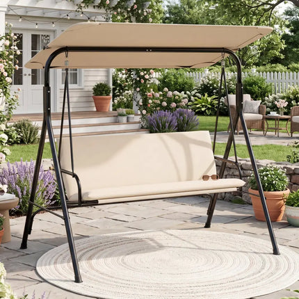 3-Seat Patio Swing Chair with Adjustable Canopy & Removable Cushion-Beige - Beige - Porch Swings