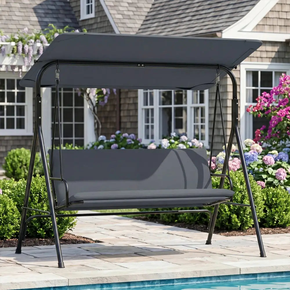 3-Seat Patio Swing Chair with Adjustable Canopy & Removable Cushion-Gray - Gray - Porch Swings