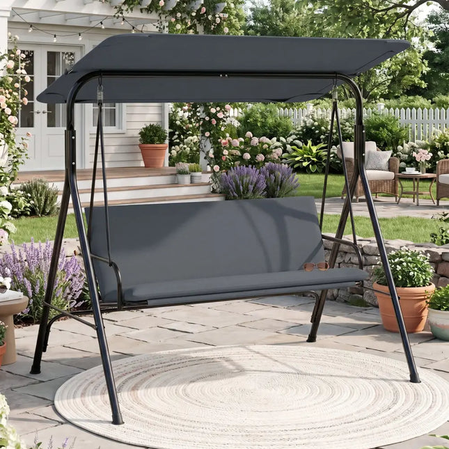 3-Seat Patio Swing Chair with Adjustable Canopy & Removable Cushion-Gray - Gray - Porch Swings