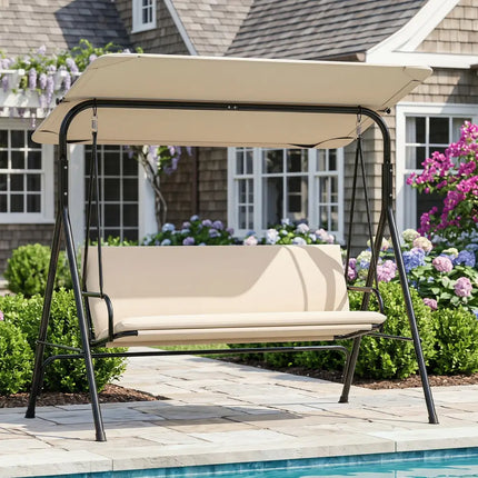 3-Seat Patio Swing Chair with Adjustable Canopy & Removable Cushion-Beige - Beige - Porch Swings