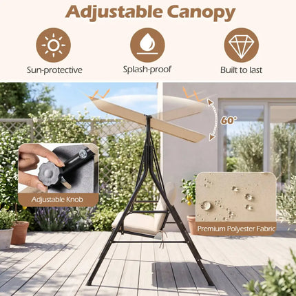 3-Seat Patio Swing Chair with Adjustable Canopy & Removable Cushion-Beige - Beige - Porch Swings