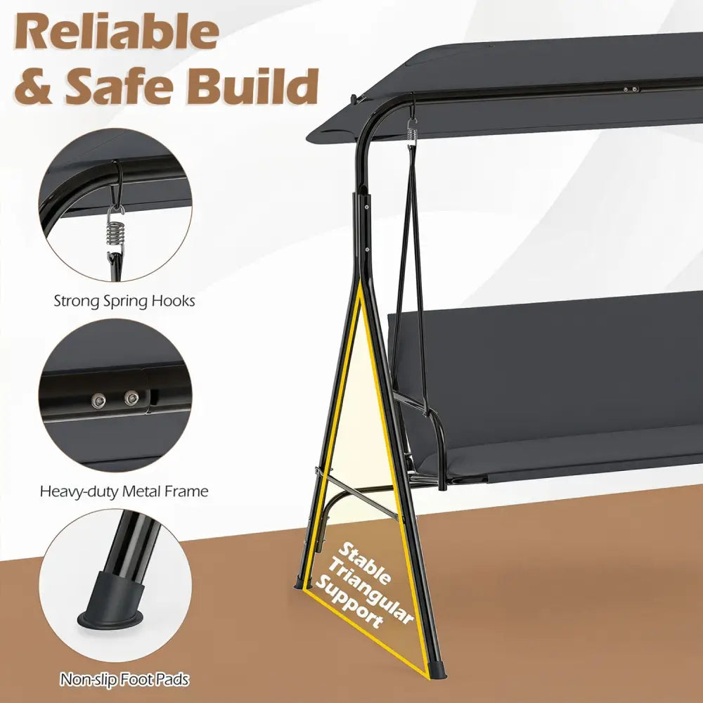 3-Seat Patio Swing Chair with Adjustable Canopy & Removable Cushion-Gray - Gray - Porch Swings