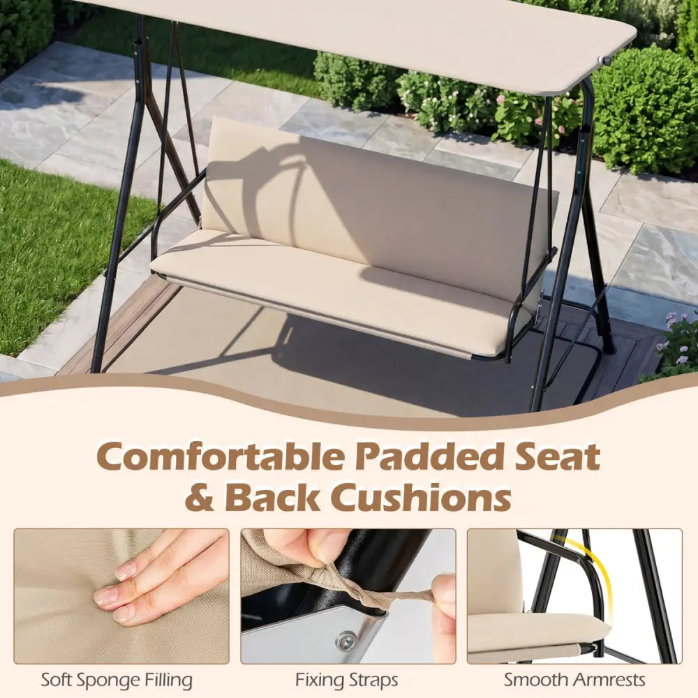 3-Seat Patio Swing Chair with Adjustable Canopy & Removable Cushion-Beige - Beige - Porch Swings