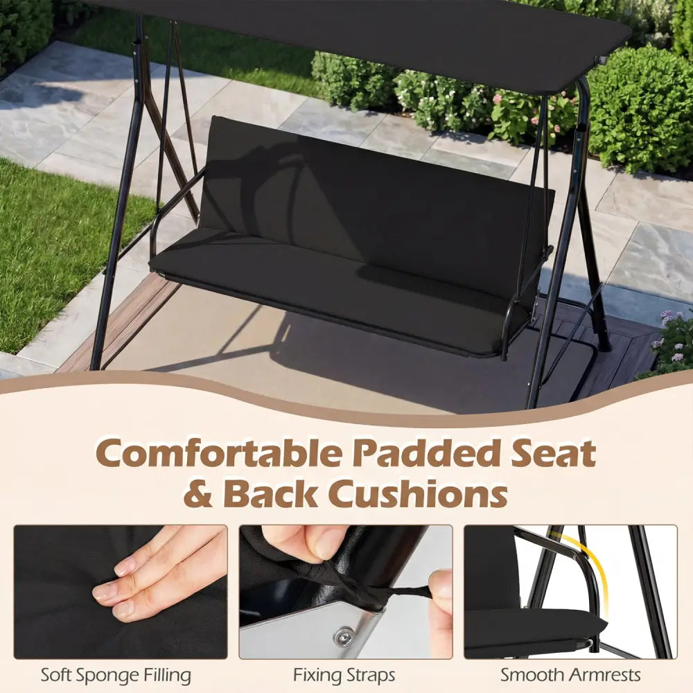 3-Seat Patio Swing Chair with Adjustable Canopy & Removable Cushion-Black - Black - Porch Swings