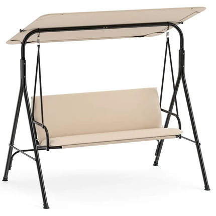 3-Seat Patio Swing Chair with Adjustable Canopy & Removable Cushion-Beige - Beige - Porch Swings