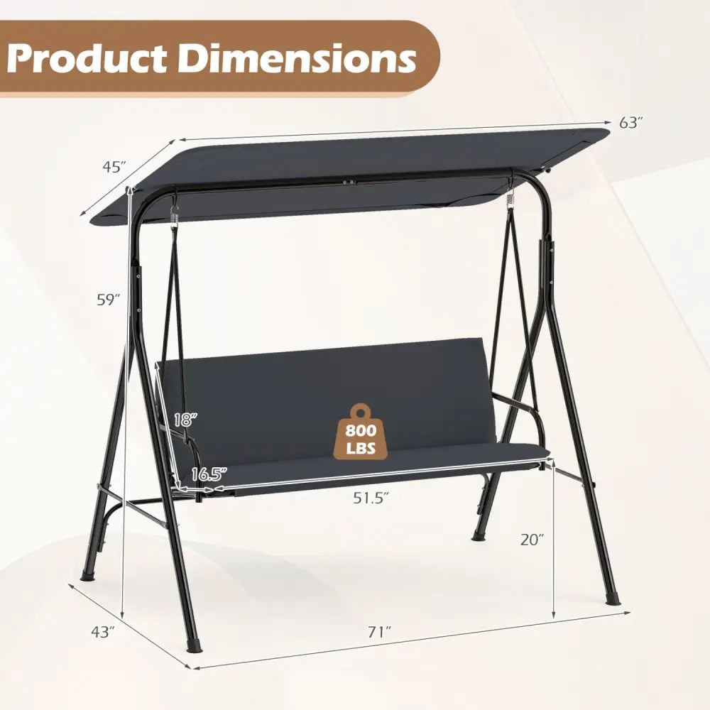 3-Seat Patio Swing Chair with Adjustable Canopy & Removable Cushion-Gray - Gray - Porch Swings