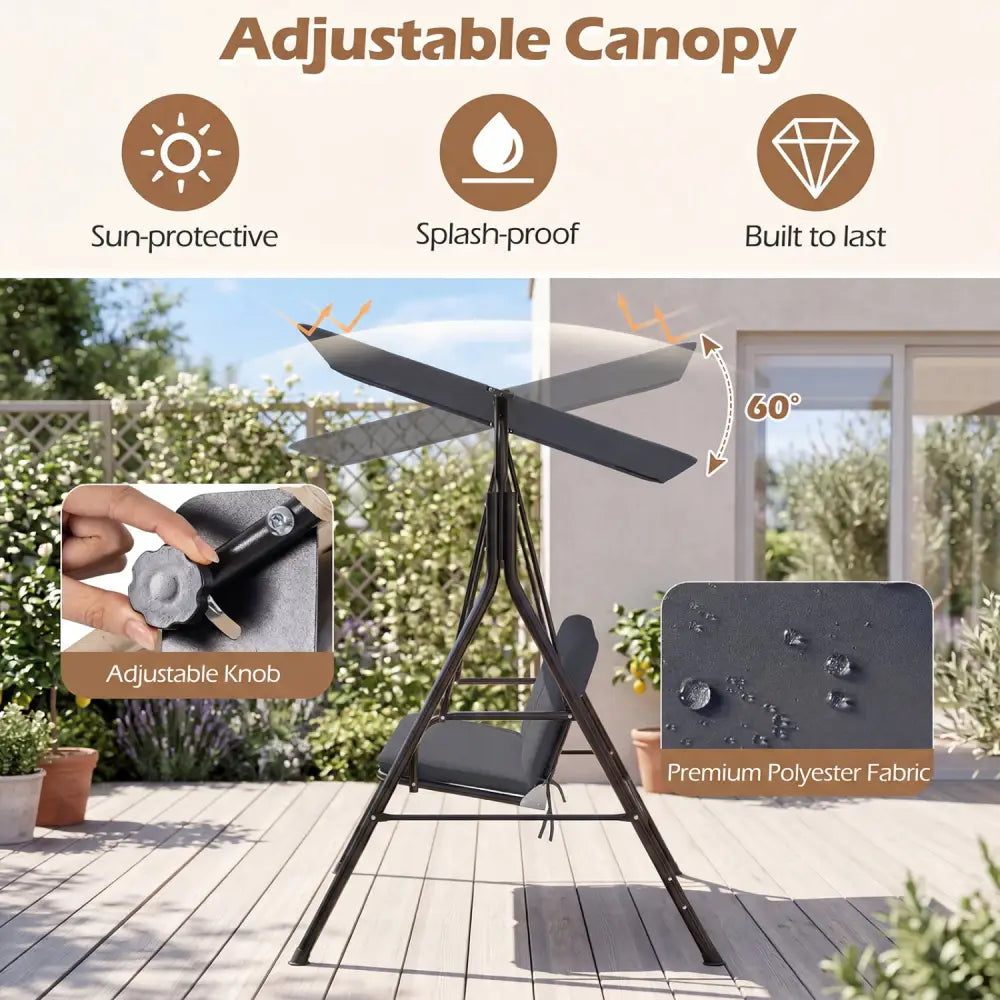 3-Seat Patio Swing Chair with Adjustable Canopy & Removable Cushion-Gray - Gray - Porch Swings