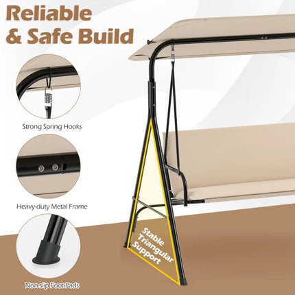 3-Seat Patio Swing Chair with Adjustable Canopy & Removable Cushion-Beige - Beige - Porch Swings