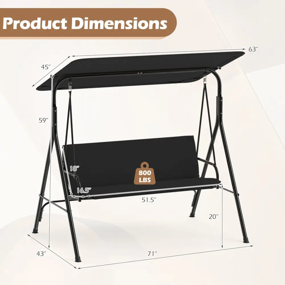 3-Seat Patio Swing Chair with Adjustable Canopy & Removable Cushion-Black - Black - Porch Swings