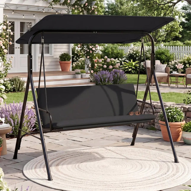 3-Seat Patio Swing Chair with Adjustable Canopy & Removable Cushion-Black - Black - Porch Swings