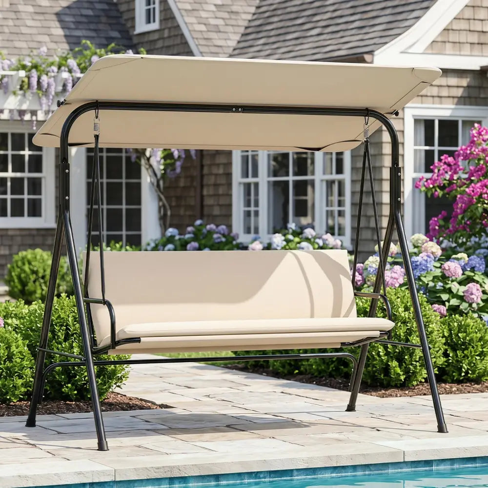 3-Seat Patio Swing Chair with Adjustable Canopy & Removable Cushion-Beige - Beige - Porch Swings