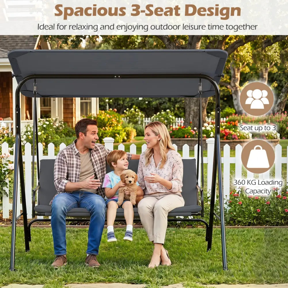 3-Seat Patio Swing Chair with Adjustable Canopy & Removable Cushion-Gray - Gray - Porch Swings