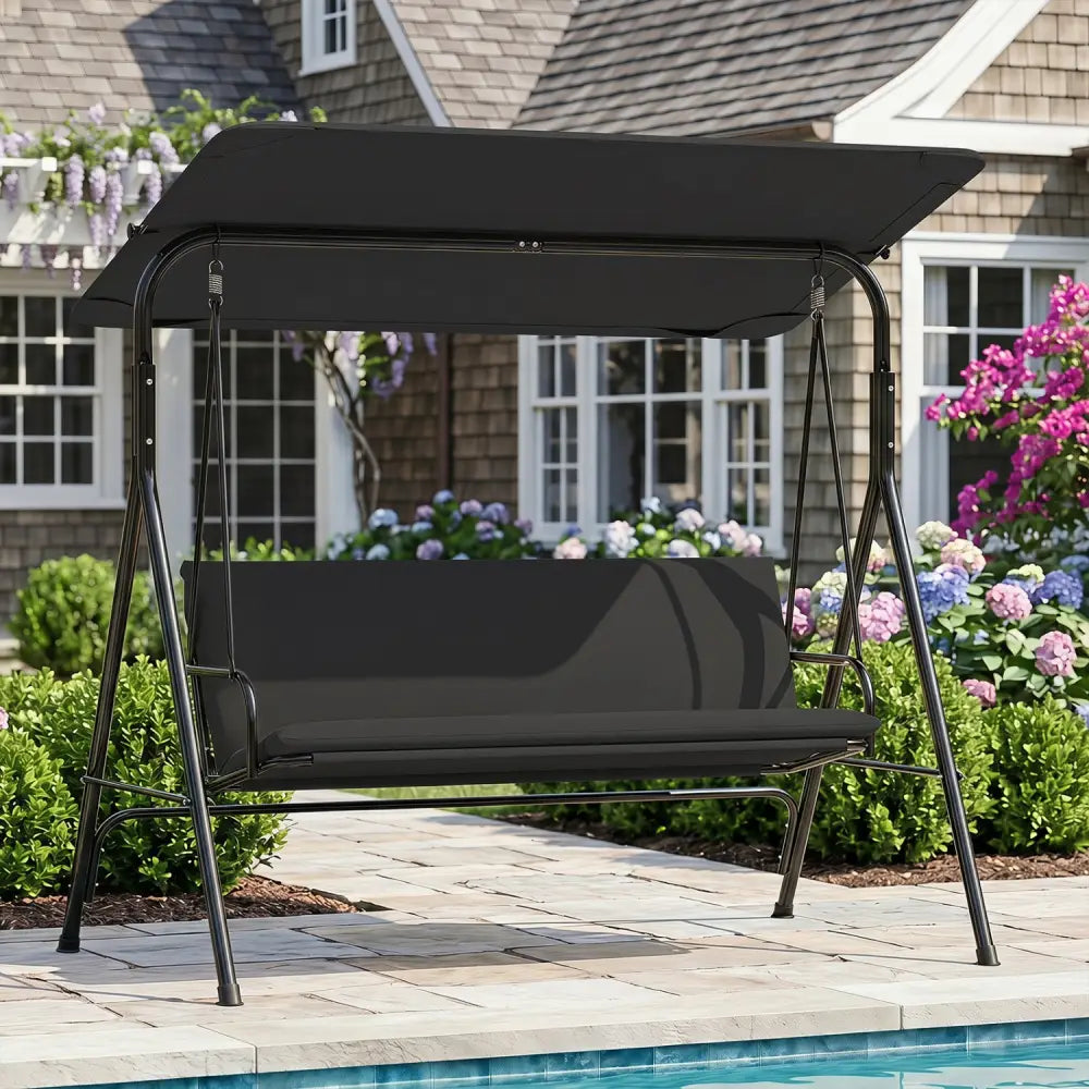 3-Seat Patio Swing Chair with Adjustable Canopy & Removable Cushion-Black - Black - Porch Swings