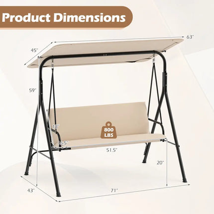 3-Seat Patio Swing Chair with Adjustable Canopy & Removable Cushion-Beige - Beige - Porch Swings