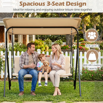 3-Seat Patio Swing Chair with Adjustable Canopy & Removable Cushion-Beige - Beige - Porch Swings