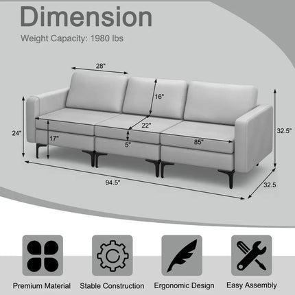 3-Seat Sectional Sofa Couch with Armrest Magazine Pocket and Metal Leg-Light Gray Costway
