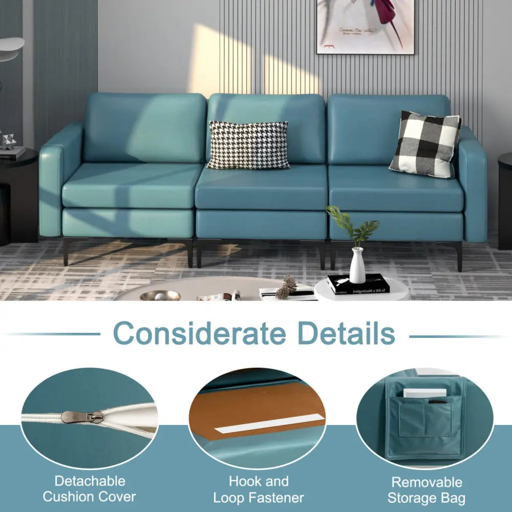 3-Seat Sectional Sofa Couch with Armrest Magazine Pocket and Metal Leg-Blue - Blue - Sofas & Loveseats