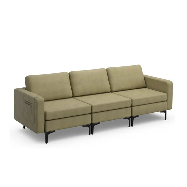 3-Seat Sectional Sofa Couch with Armrest Magazine Pocket and Metal Leg-Green Costway